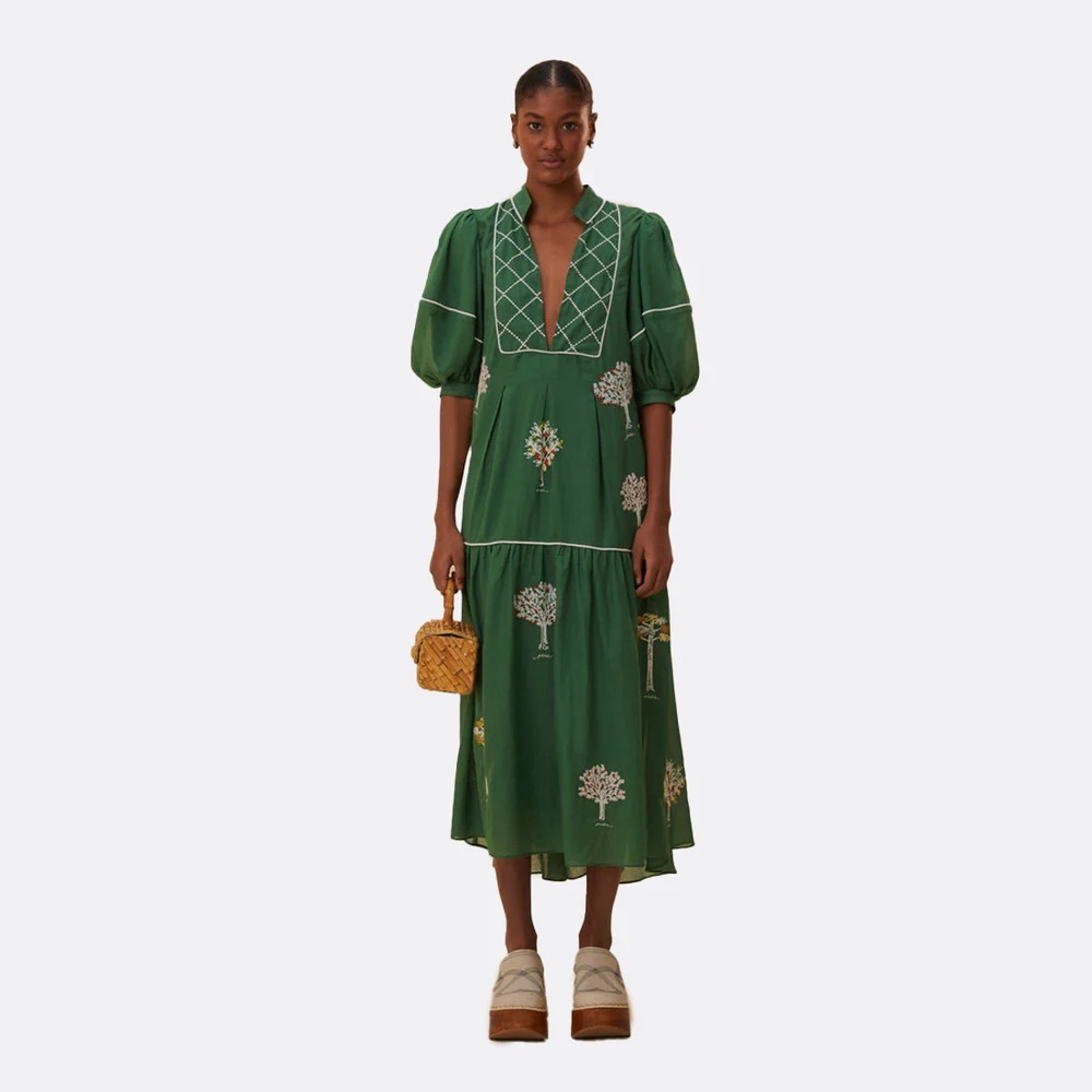 NWT FARM Rio Embroidered Trees Short Sleeve Midi Dress